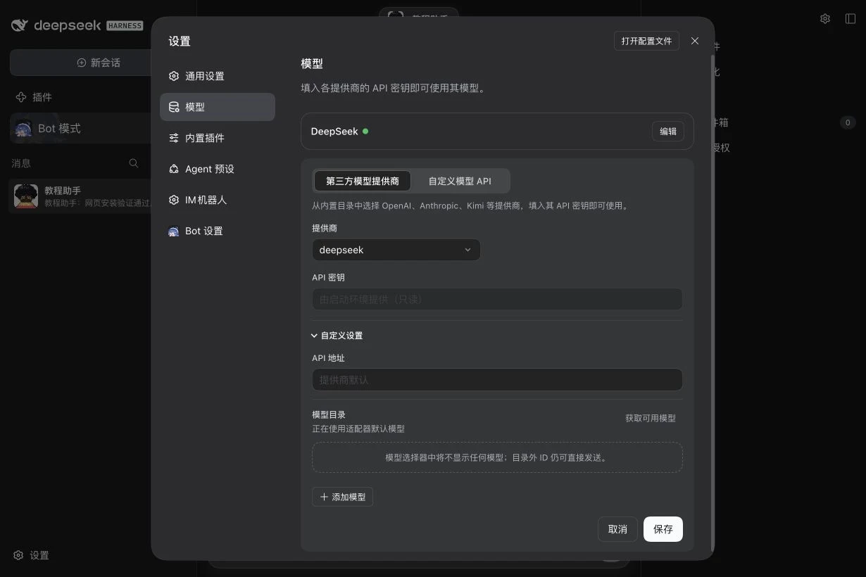 DSH 模型设置中的提供商目录与自定义设置，密钥未显示