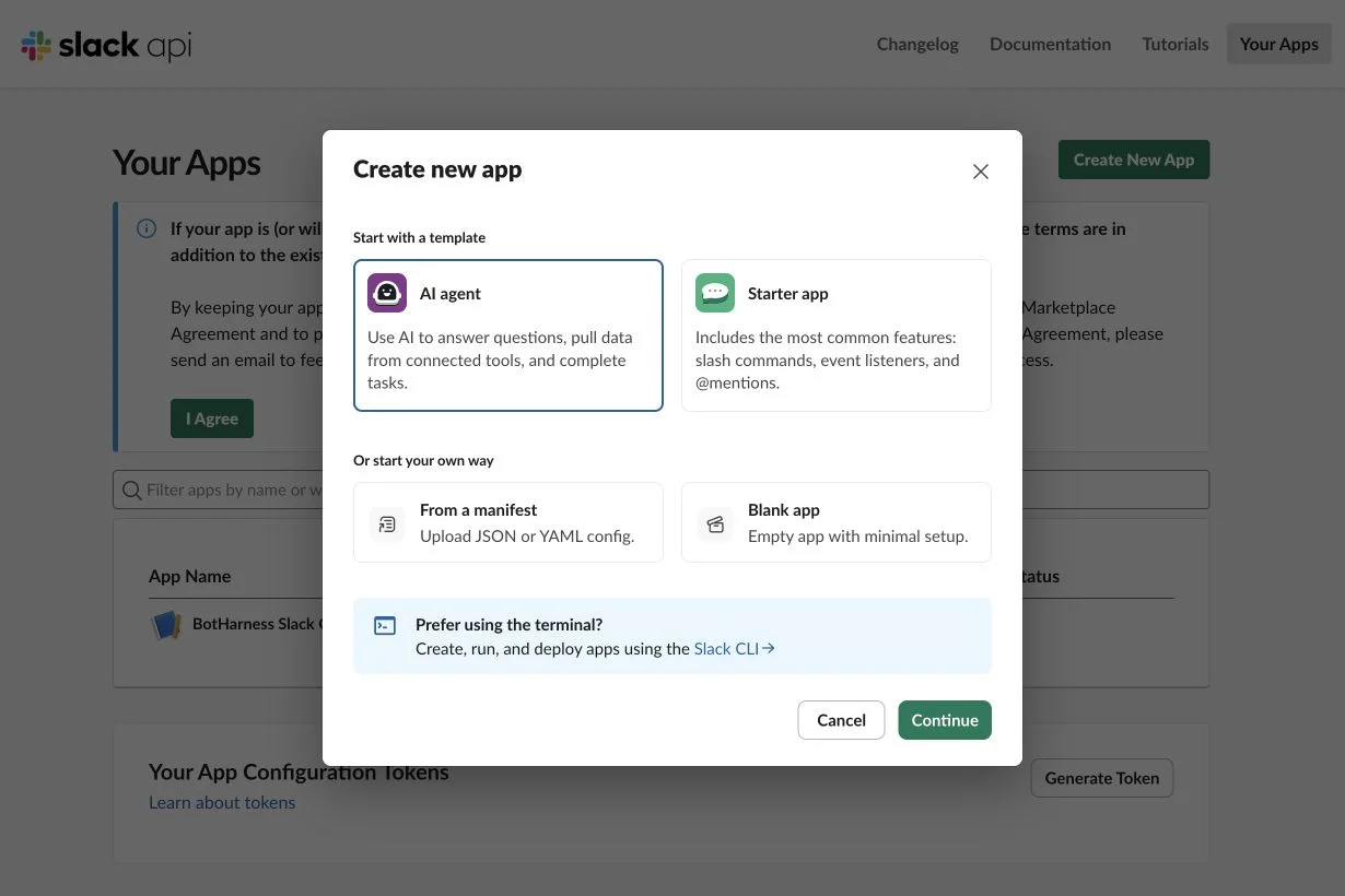 Slack 创建应用对话框中的 From a manifest 选项